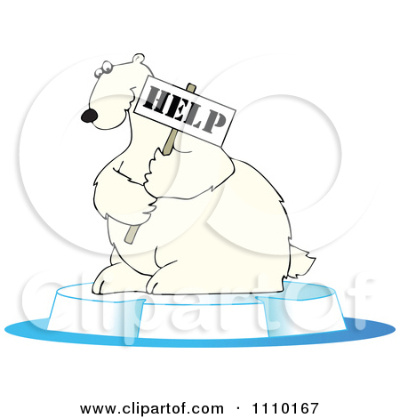 Clipart Outlined Cartoon Endangered Polar Bear Holding A Help Sign.