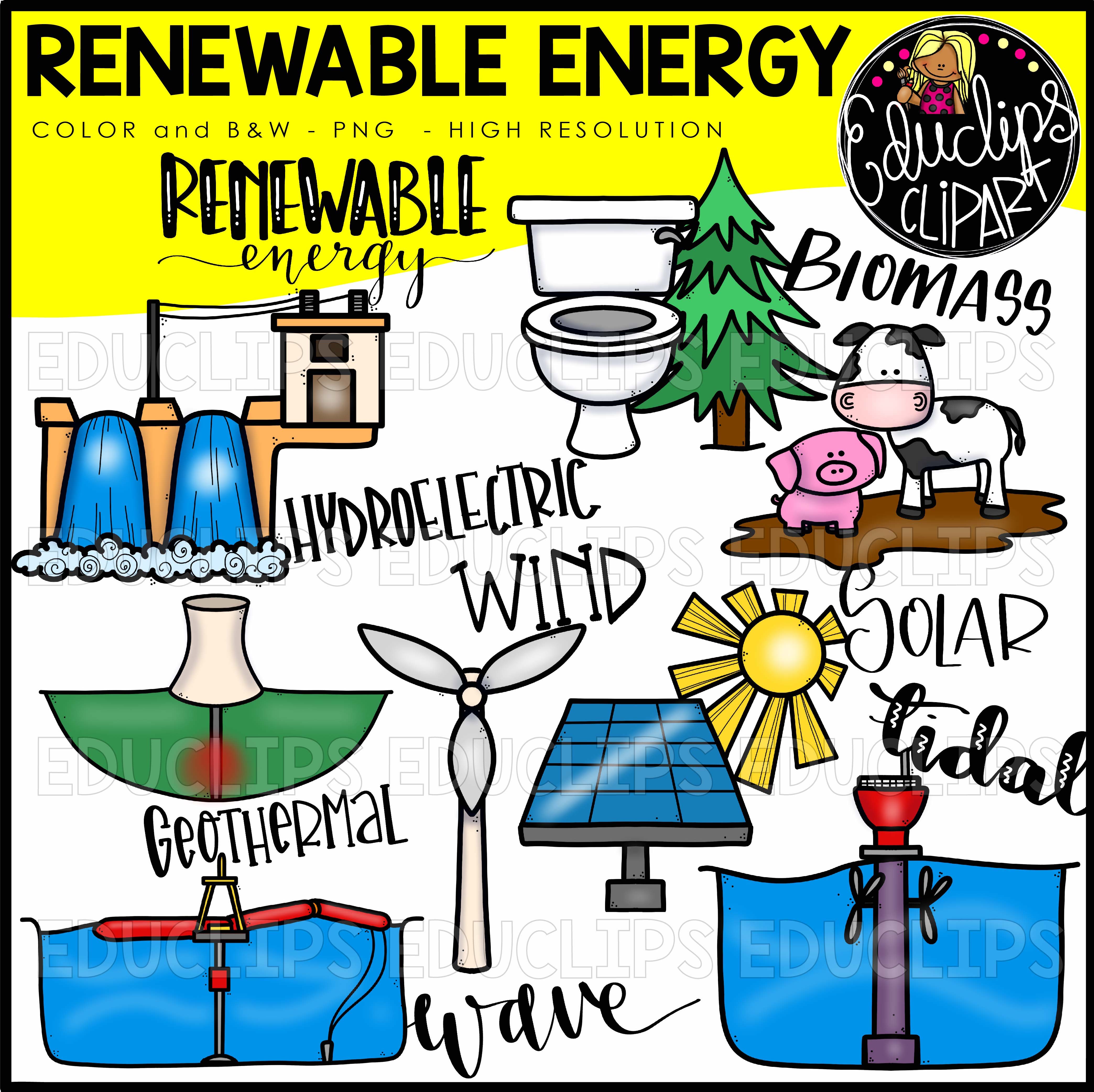 Renewable Energy Clip Art Bundle (Color and B&W).