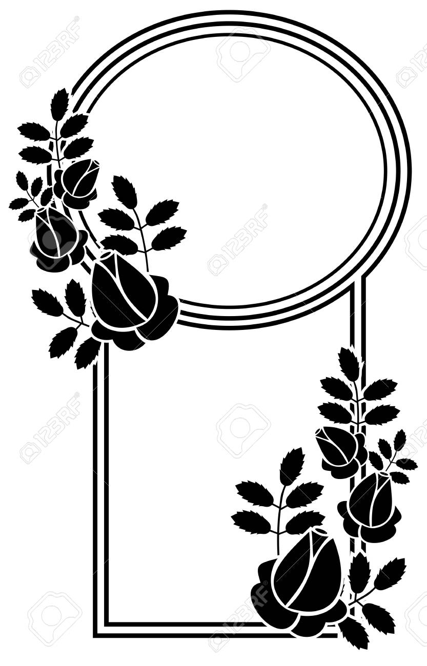 Black and white silhouette floral frame. Ornament for laser engraving.