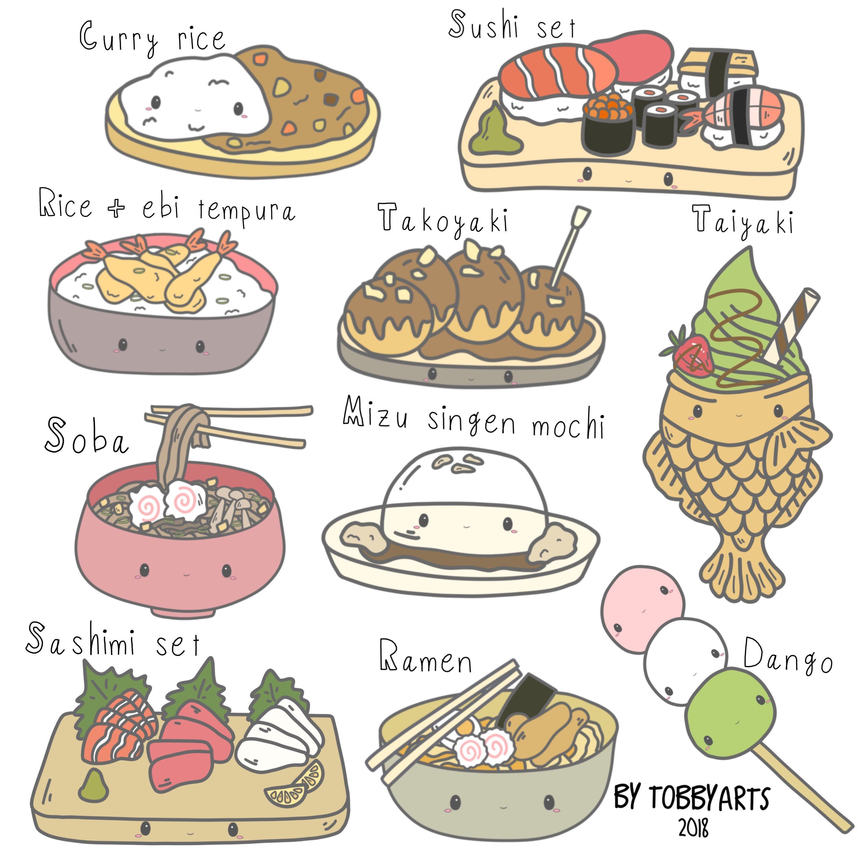 Japanese food dessert clip art set cute kawaii drawing illustration.
