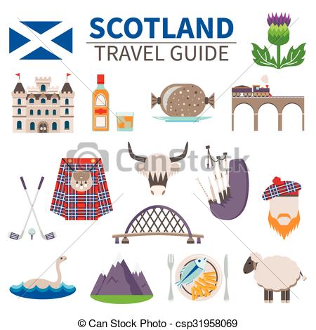 Clip Art Vector of Scotland Travel Icons Set.