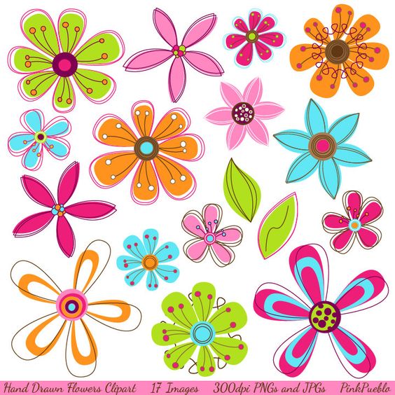 Hand Drawn Flowers Clipart Clip Art, Pink Retro Flowers Clip Art.