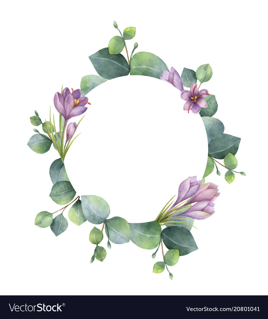 Watercolor round wreath with eucalyptus.