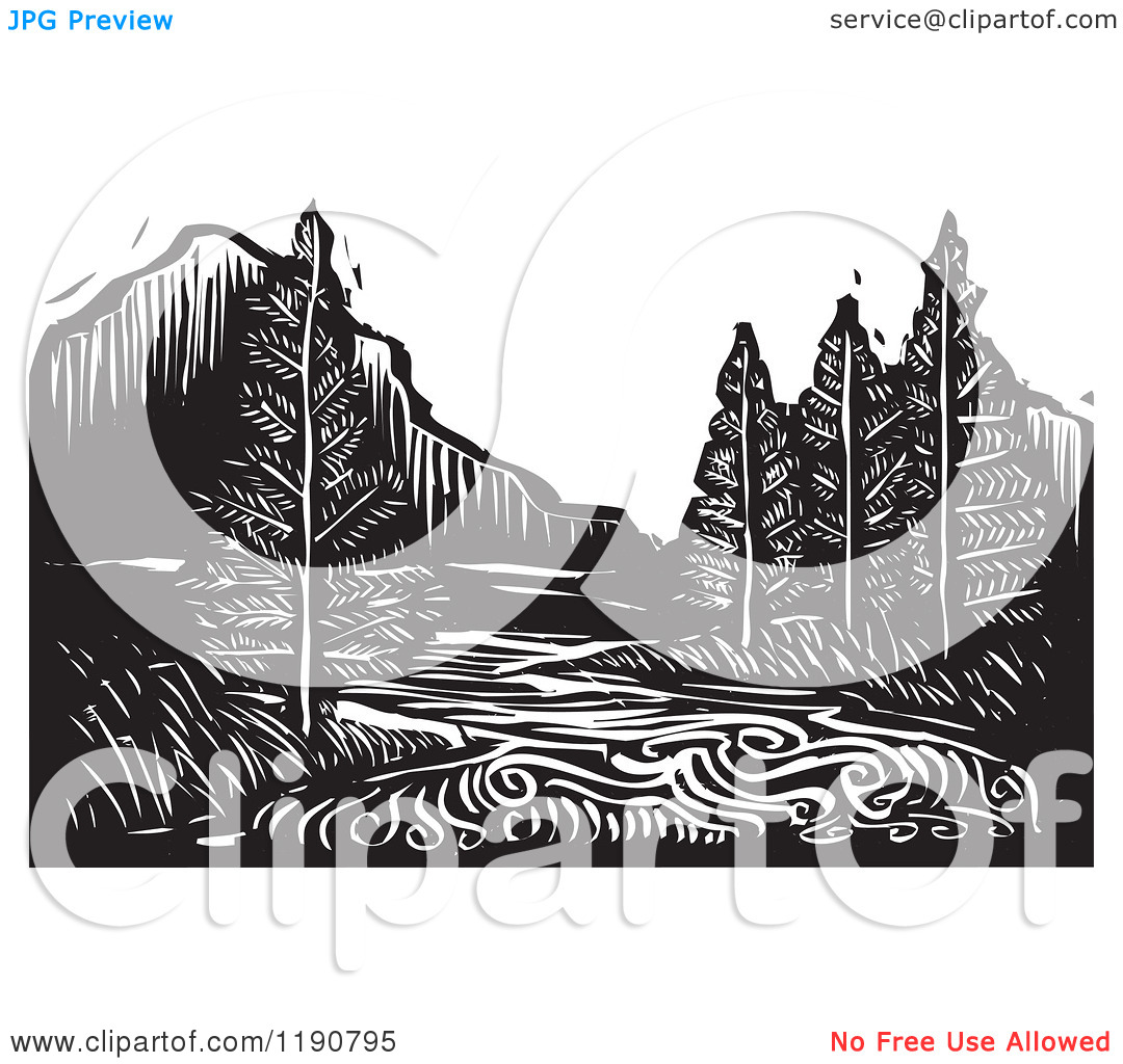 Clipart of a River Mountain and Evergreen Landscape Black and.