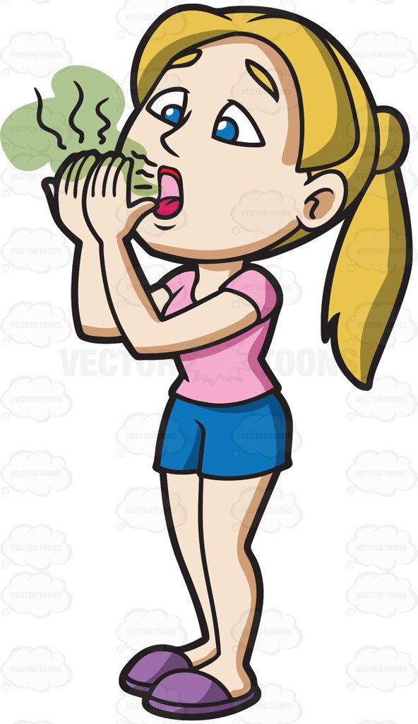 A Woman Trying To Smell Her Horrendous Breath Cartoon Clipart.