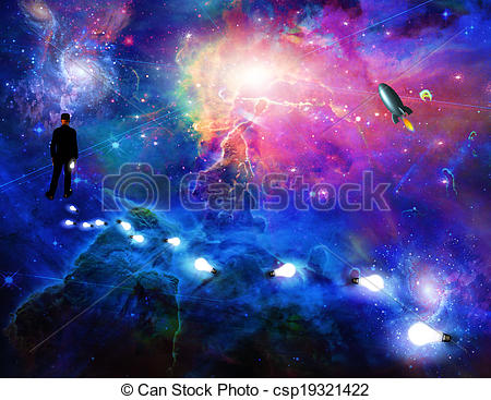 Clip Art of Man considering the expanse of space csp19321422.