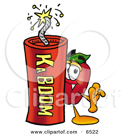 Red Apple Character Mascot Standing With a Stick of Dynamite.