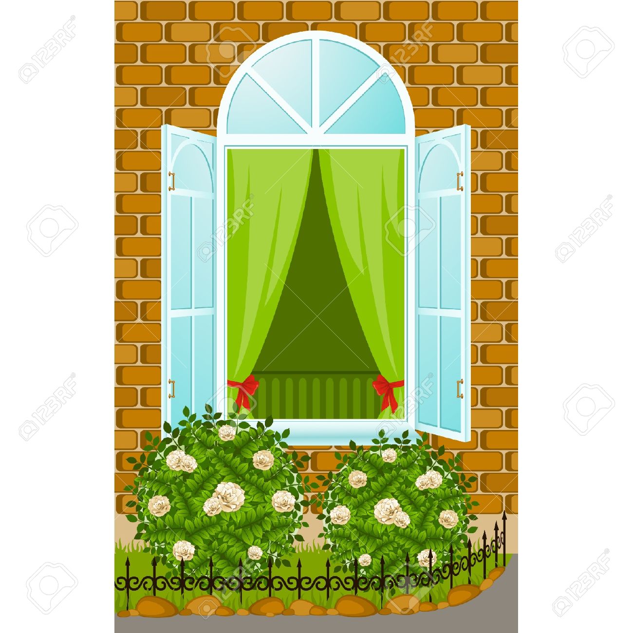 Facade Of House With Open Window And Flowerbed Royalty Free.