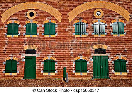 Clipart of Old building with brick facade and windows csp15858317.