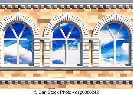 Clip Art of facade with three windows.