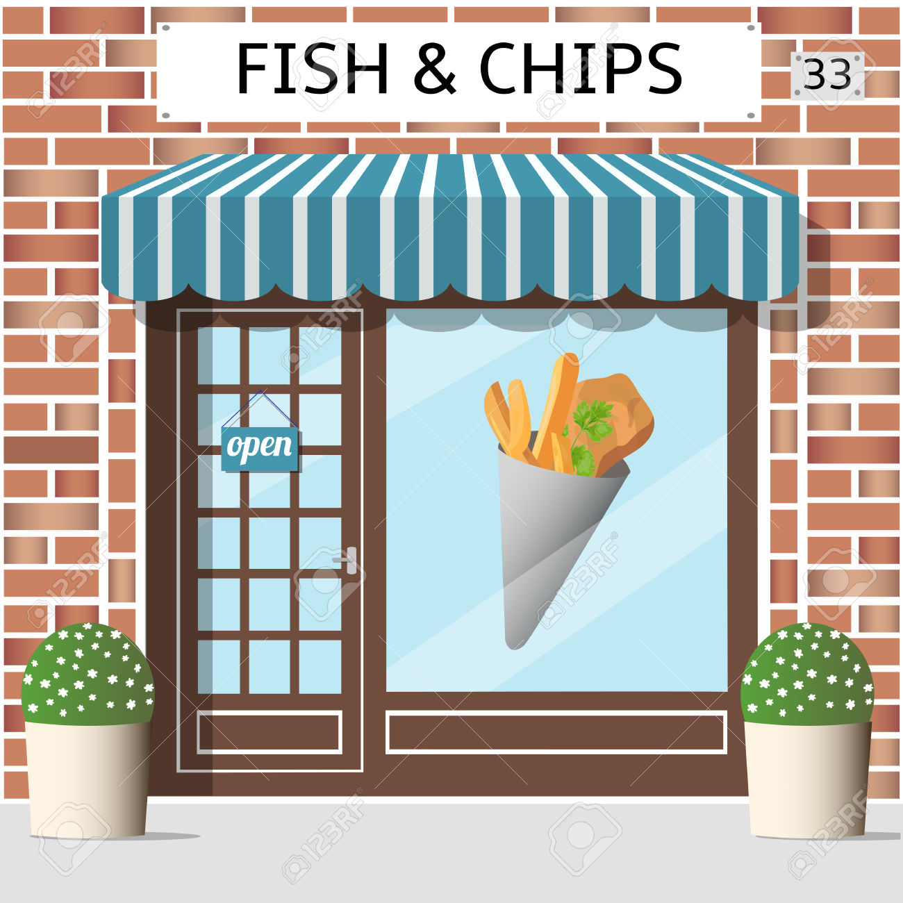 Fish And Chips Cafe Building. Sticker On Window. Red Brick Facade.