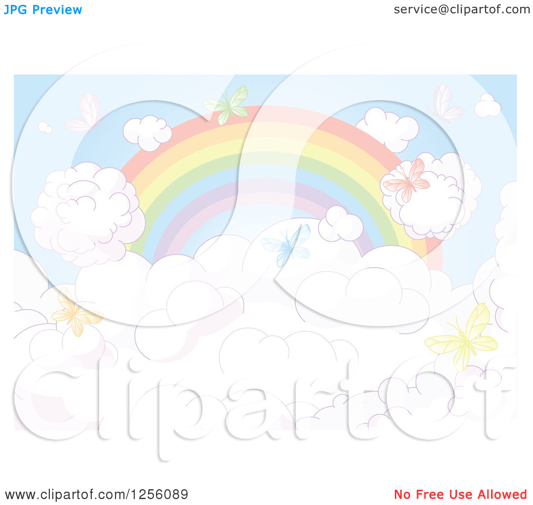 Clipart of a Faded Rainbow and Colorful Butterflies over Clouds.