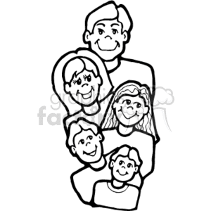 A Happy Family of Five in Black and White clipart. Royalty.