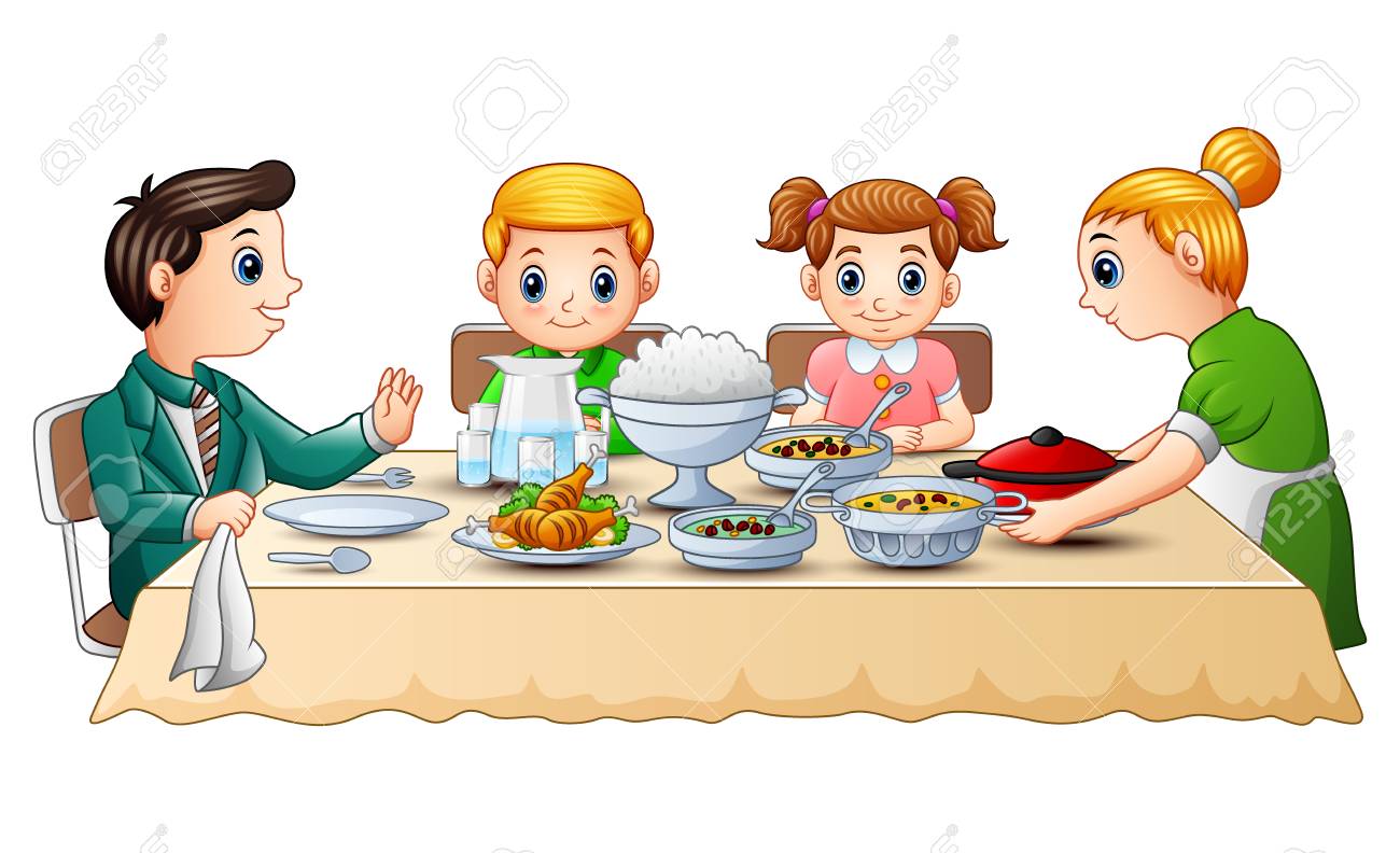 Vector illustration of Happy family eating dinner together on...
