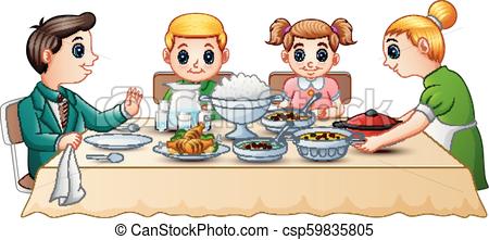 Happy family eating dinner together on dining table.