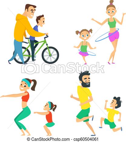 Set of family couples in fitness activities. Parents playing in active  games with their children.