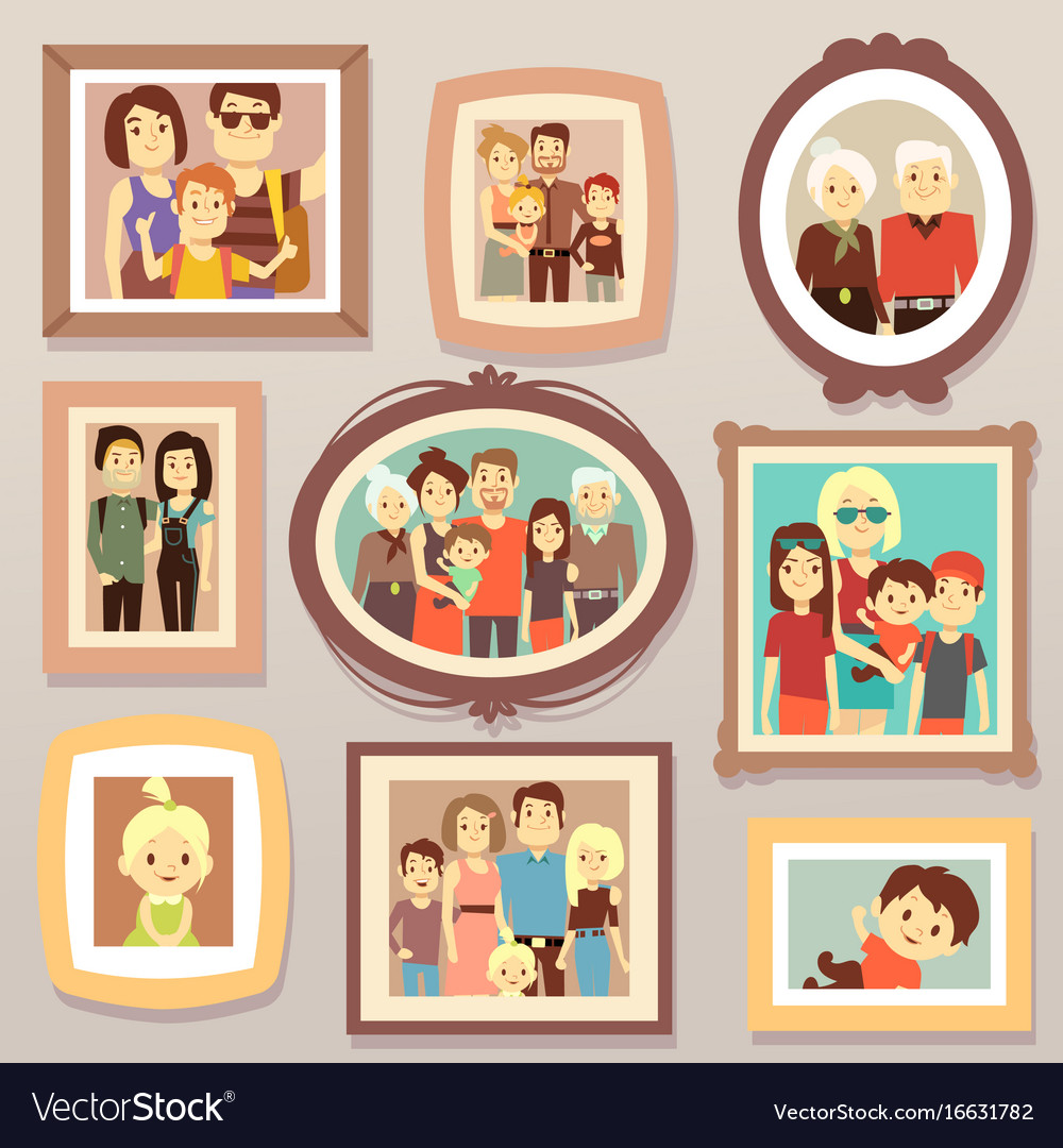 Big family smiling photo portraits in frames on.