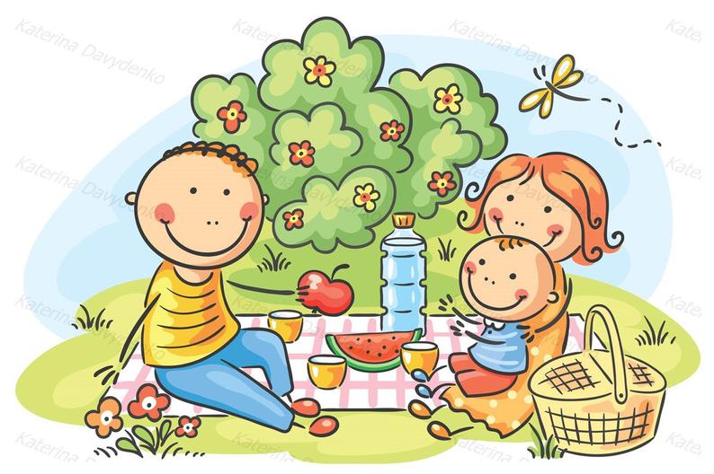 Family picnic. Family clipart, illustration, commercial use. Cartoon family  having picnic outdoors..