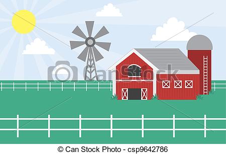 Clip Art Vector of Farm scene with windmill.