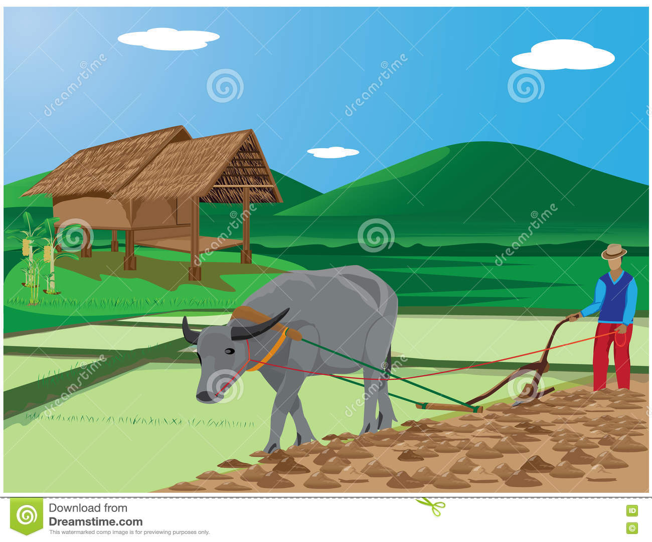 Farmer plowing stock illustration. Illustration of cabin.