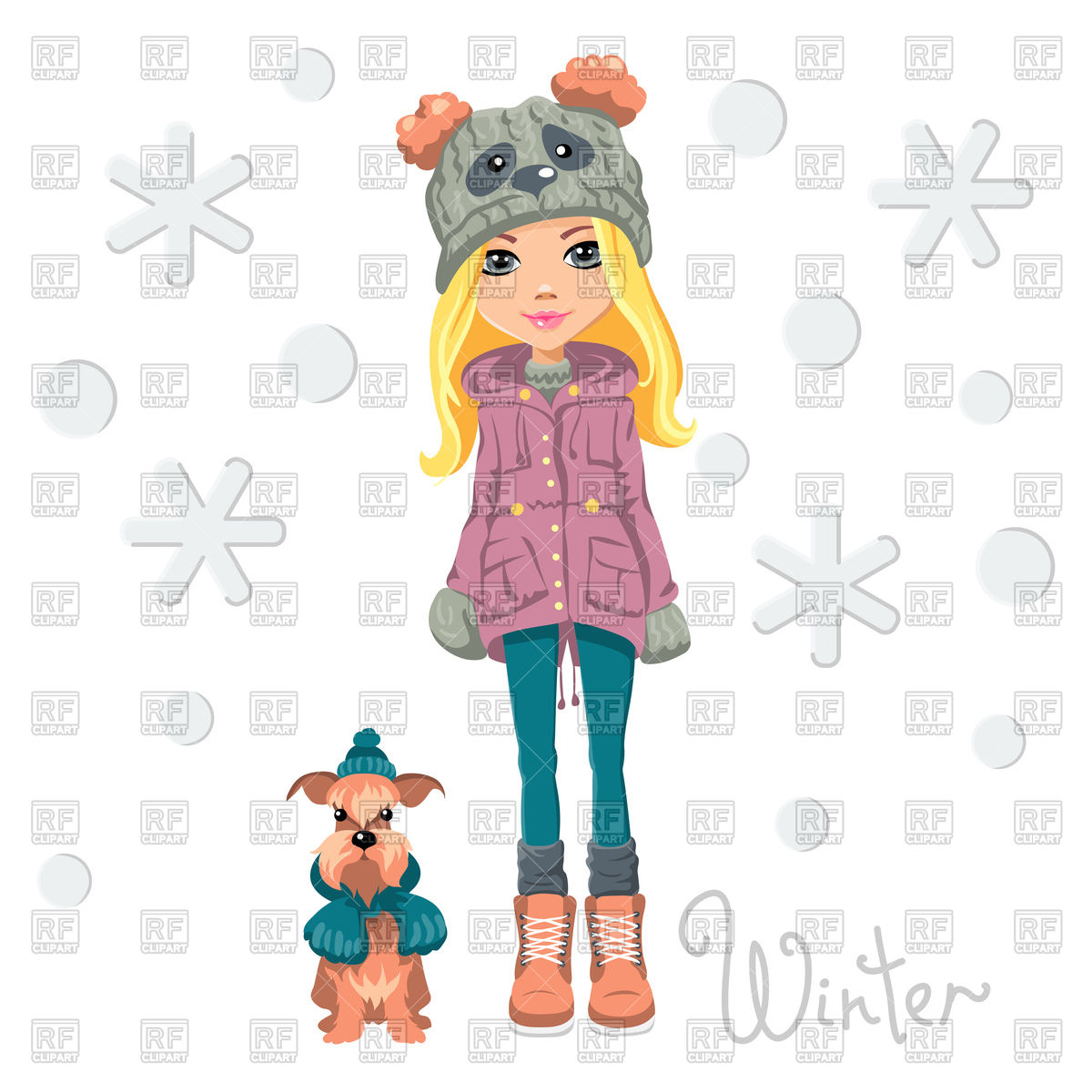 Cute beautiful fashionable girl in funny hat with dog Vector Image.