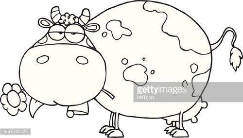 Black and White Lazy Fat Cow Clipart Image.