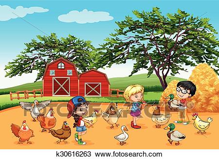 Children feeding animals in the farm Clipart.