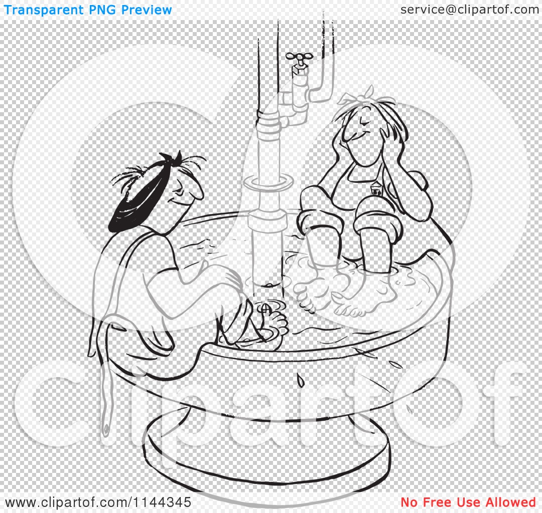Cartoon of Black and White Worker Women Soaking Their Feet in a.