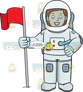 A Female Astronaut Smiles After Setting A Flag On A Foreign Surface.