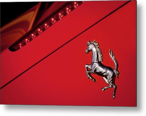 Ferrari Horse Logo Macro On Red Background Metal Print.