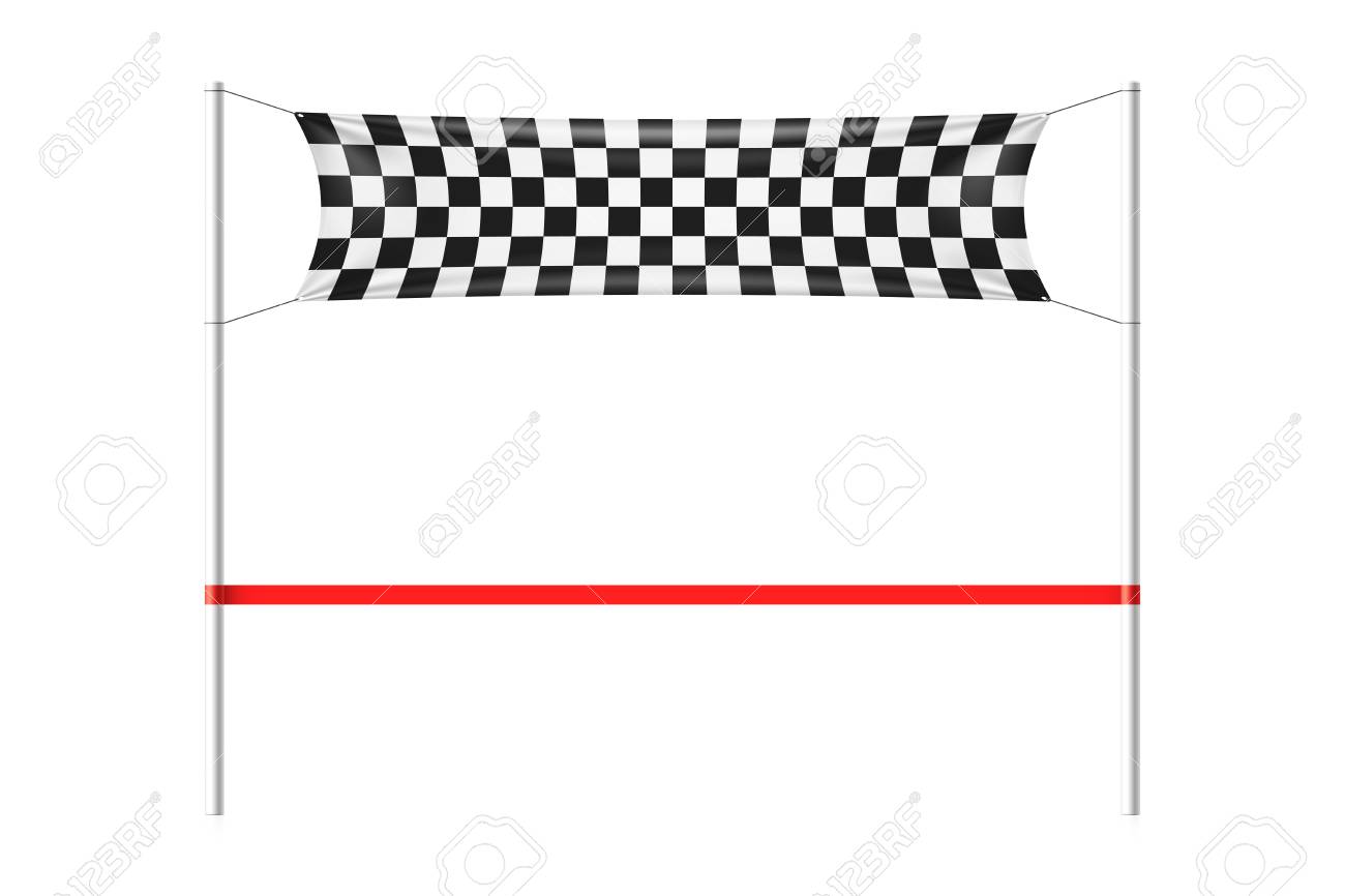 Checkered finish line banner with red ribbon.