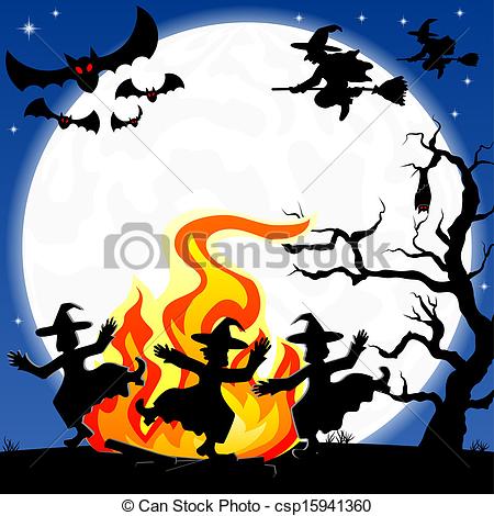 Clip Art Vector of witches dancing around fire at halloween.