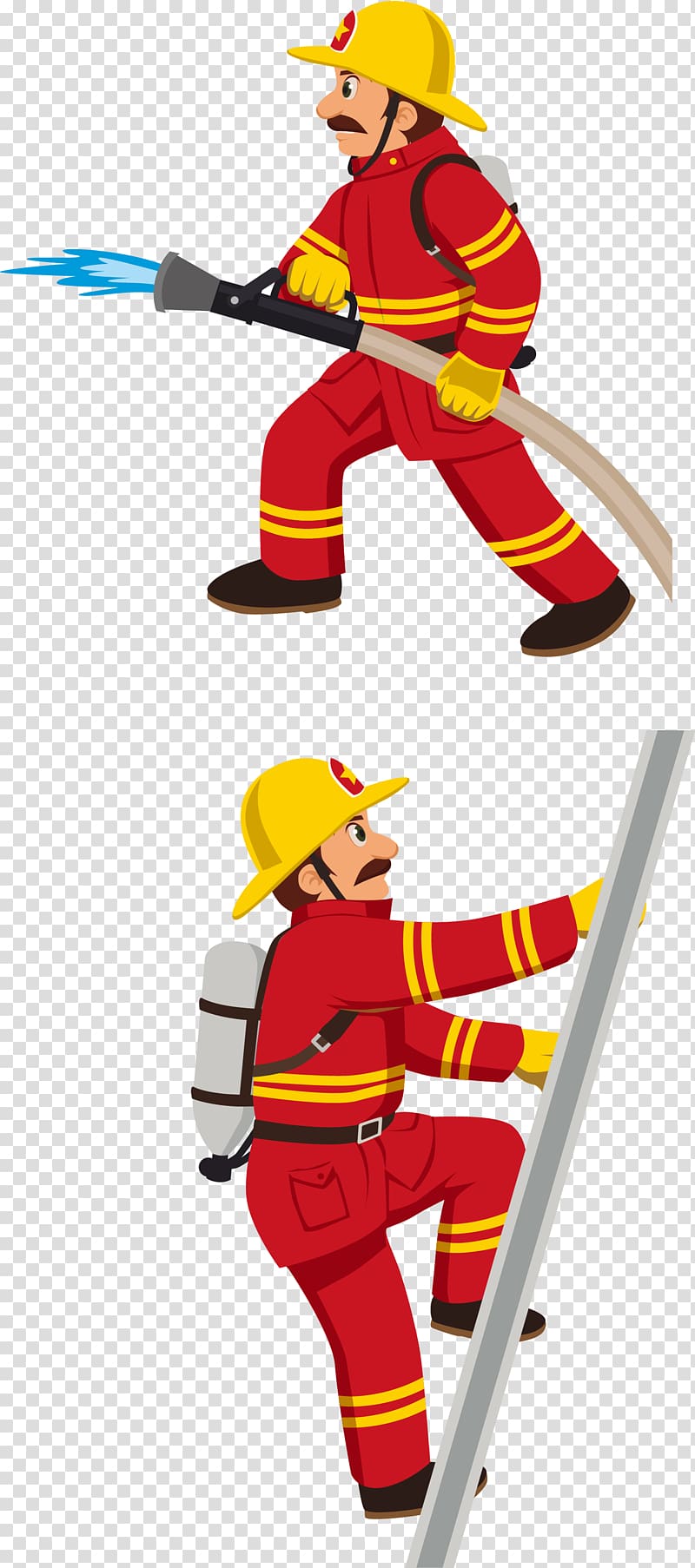 Firefighter holding house and climbing on ladder illustration.