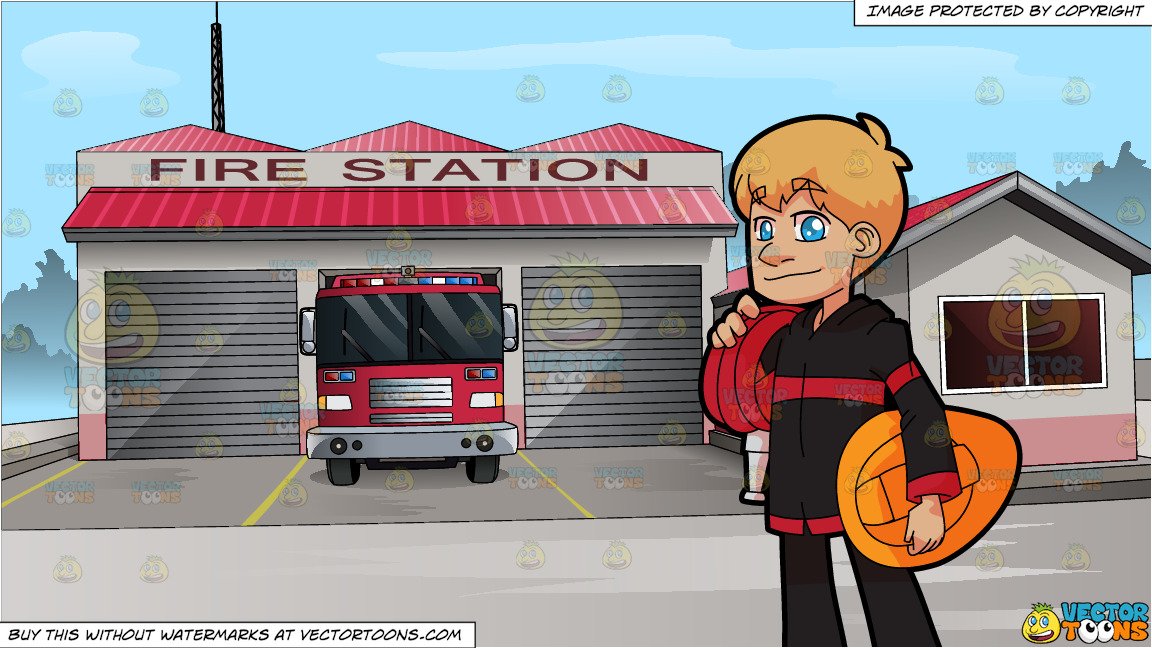 A Young Male Firefighter and Outside The Town Fire Station.