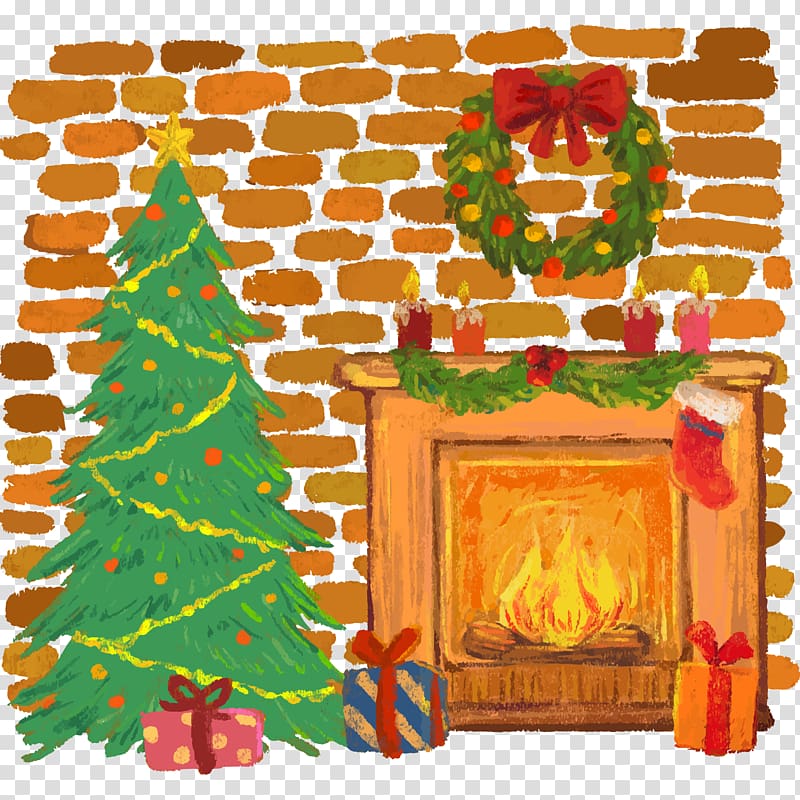 Christmas tree Furnace Fireplace Santa Claus, illustration.