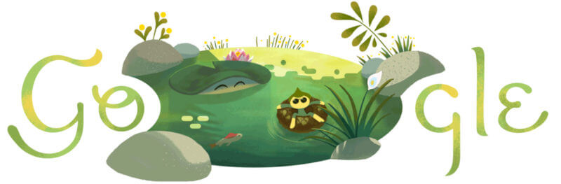 Summer solstice 2018 Google doodle showcases relaxing pond.