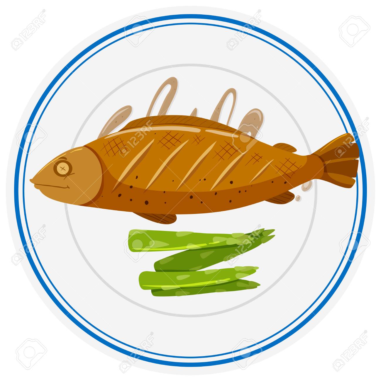 Grilled fish and asparagus on plate illustration.