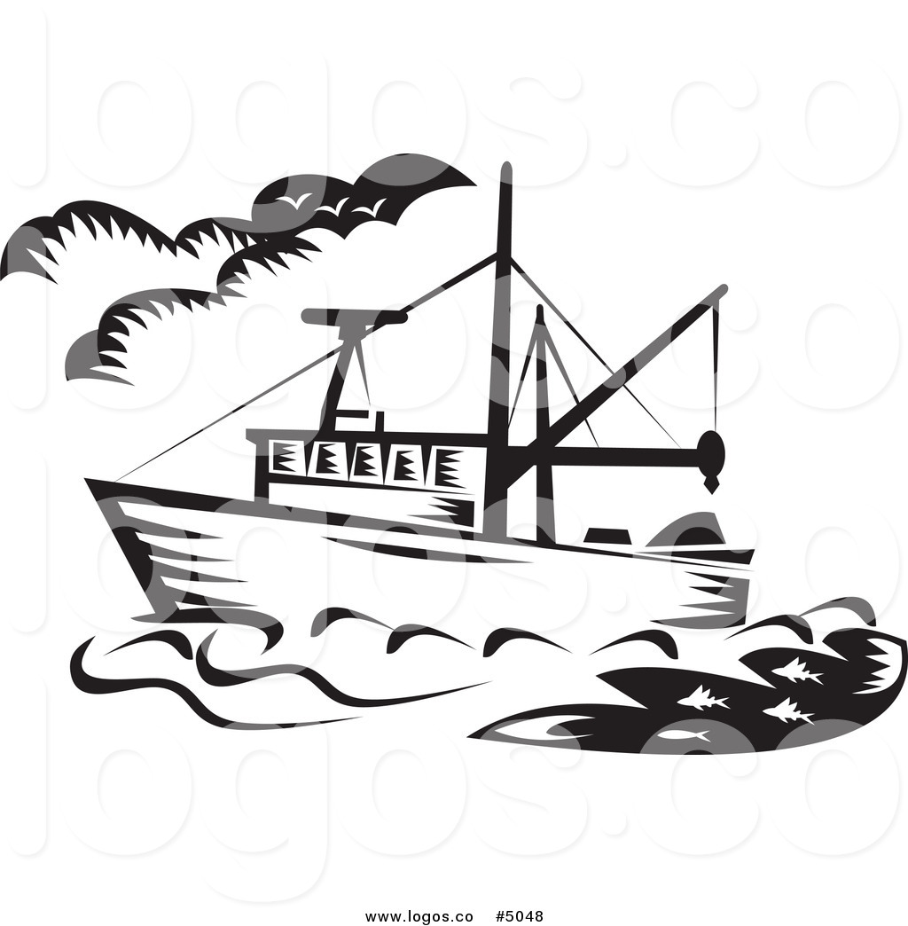 Royalty Free Vector of a Black and White Fishing Boat Logo by.