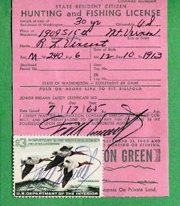 WASHINGTON 1965 Resident Hunting & Fishing License RW32 Duck.