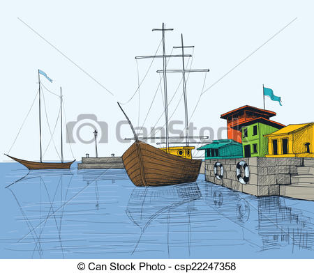 Clipart Vector of Fishing boats in port illustration csp22247358.
