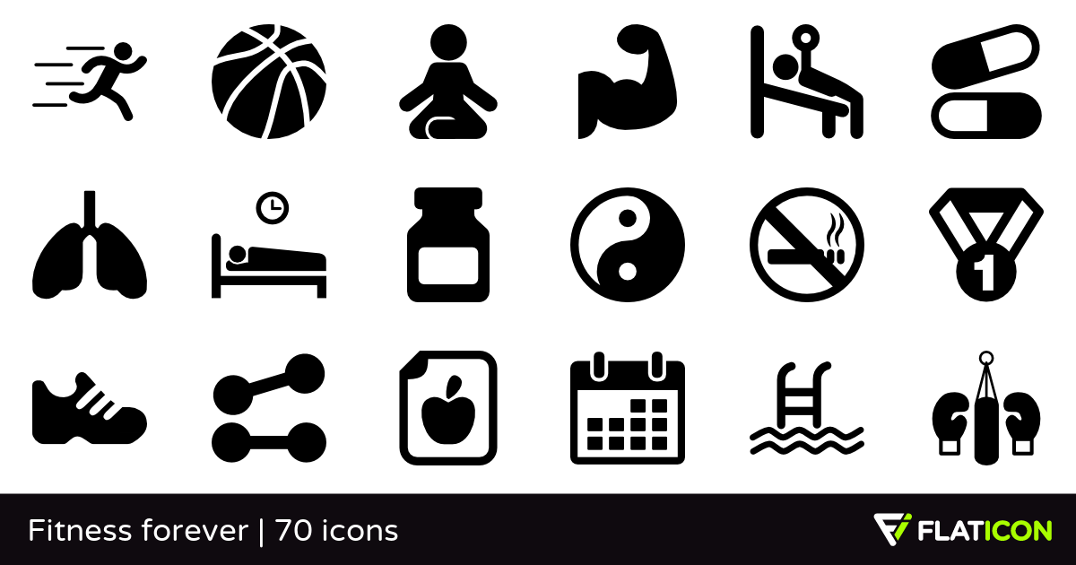 Fitness forever 70 premium icons (SVG, EPS, PSD, PNG files).