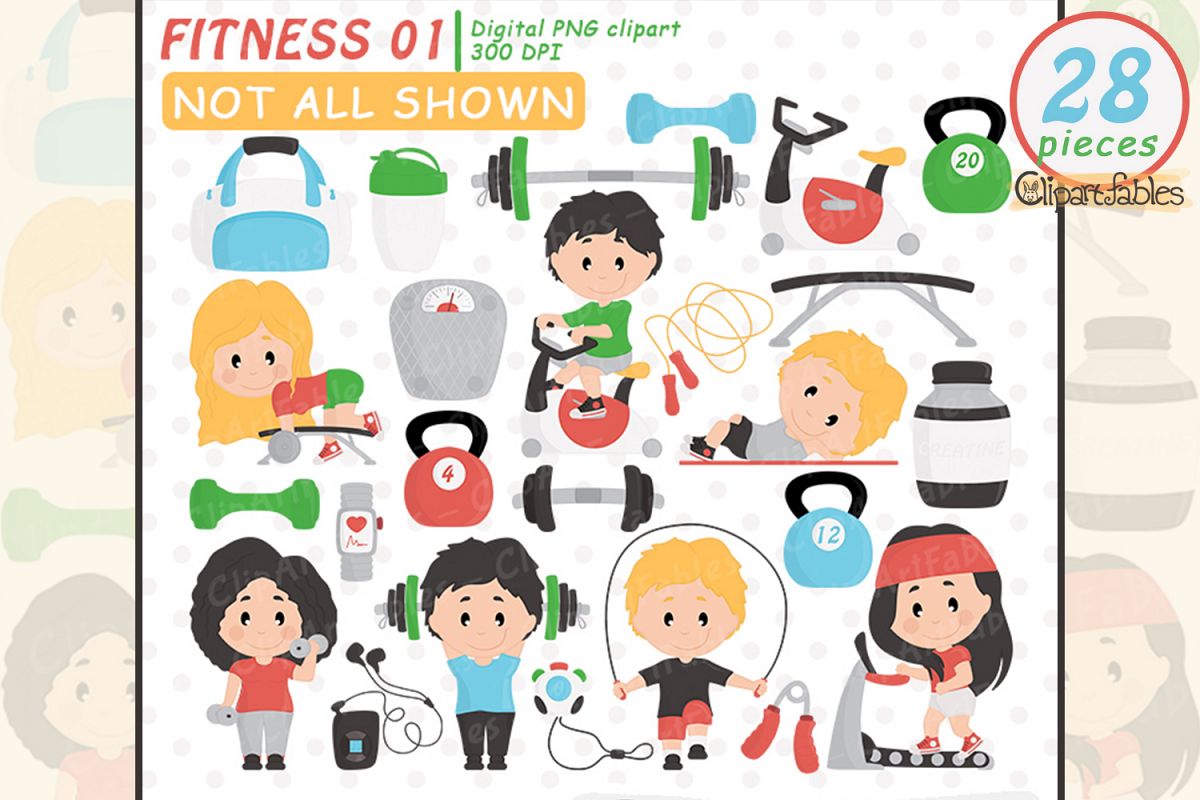 Cute fitness clipart, gym clip art set, workout design, yoga.