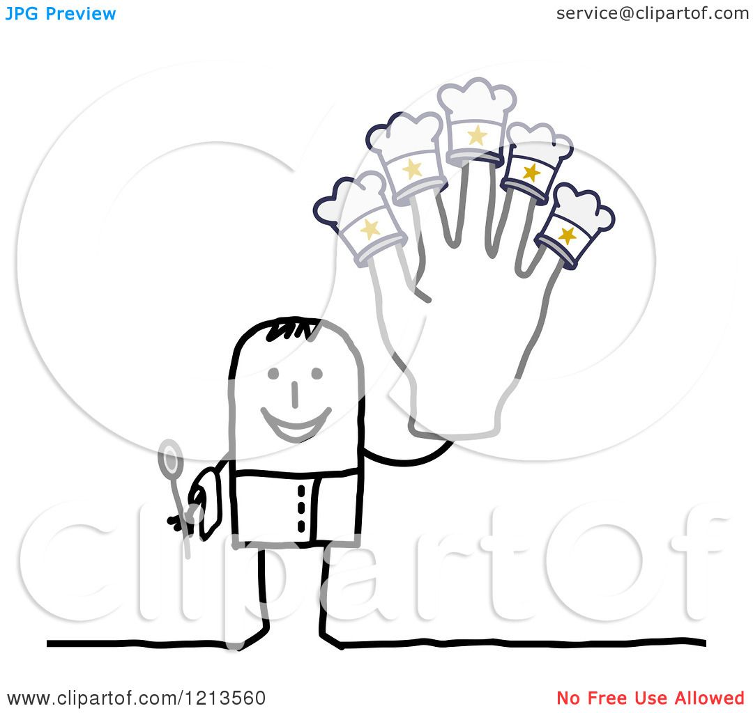 Clipart of a Stick People Man Chef Holding up a Five Star Hat Hand.
