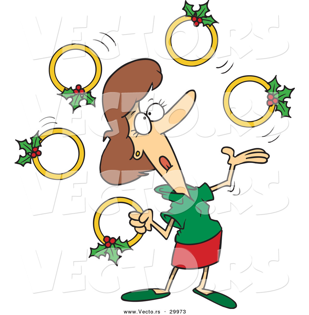 Cartoon Vector of a Woman Juggling Five Gold Christmas Rings by.