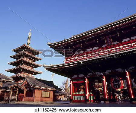 Stock Image of Hozomon and Five Story Pagoda of Sensoji Temple.