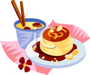 Free Clipart Image: A Cup of Hot Chocolate Next To a Flan Dessert.
