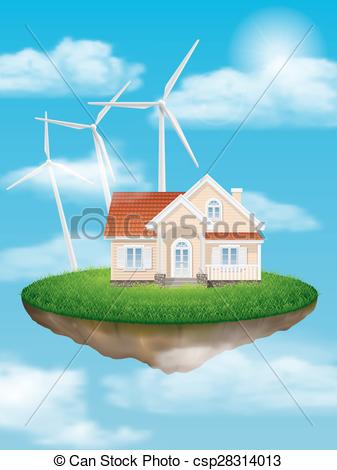 Vector Clip Art of House with wind turbines on a floating island.