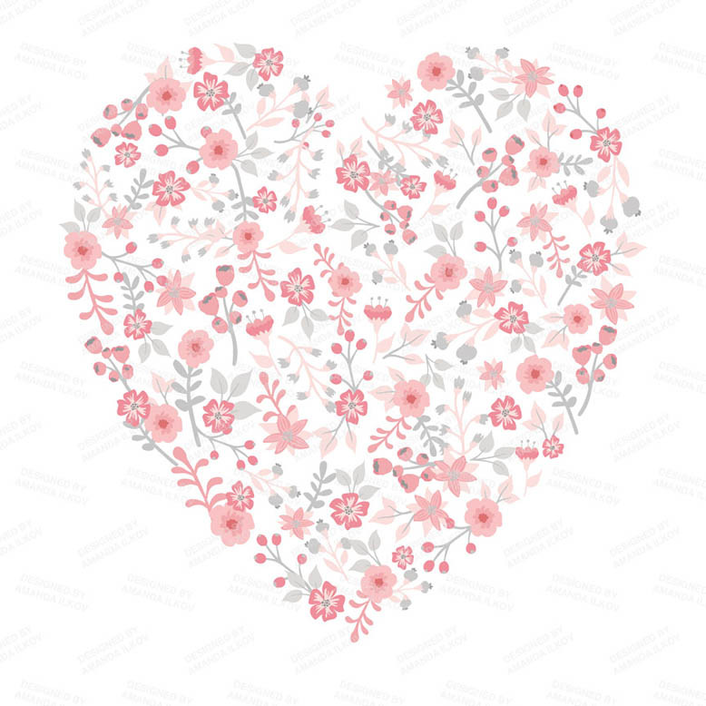 Floral Heart Clipart in Pink Grey   Mandy Art Market.