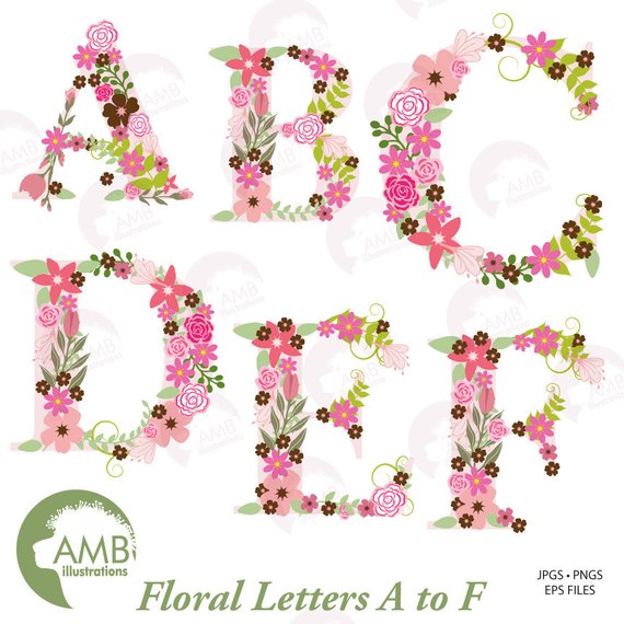 Floral Alphabet clipart, Alphabet clipart Letters A to F, Floral.