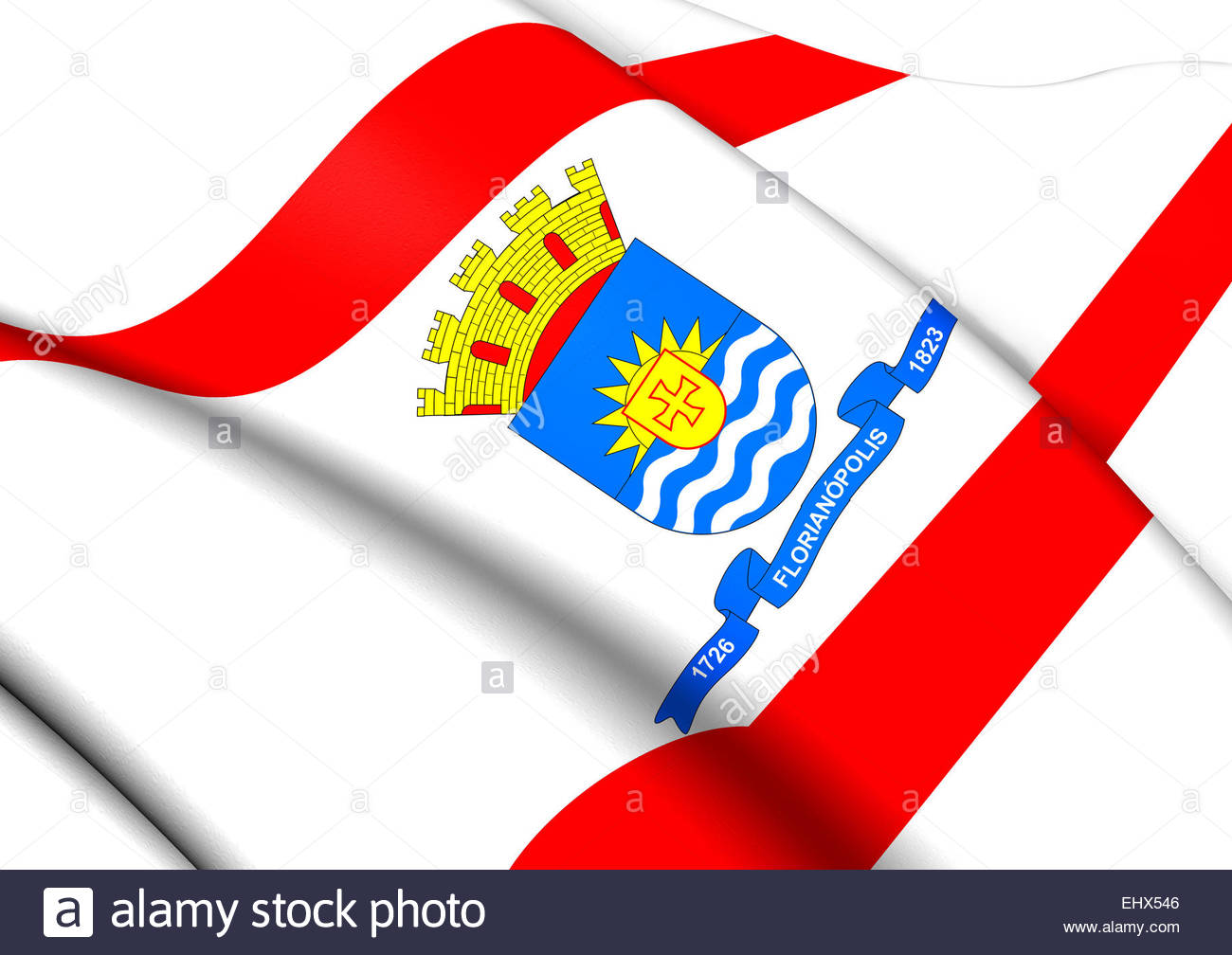 Flag Of Florianopolis, Brazil. Close Up Stock Photo, Royalty Free.